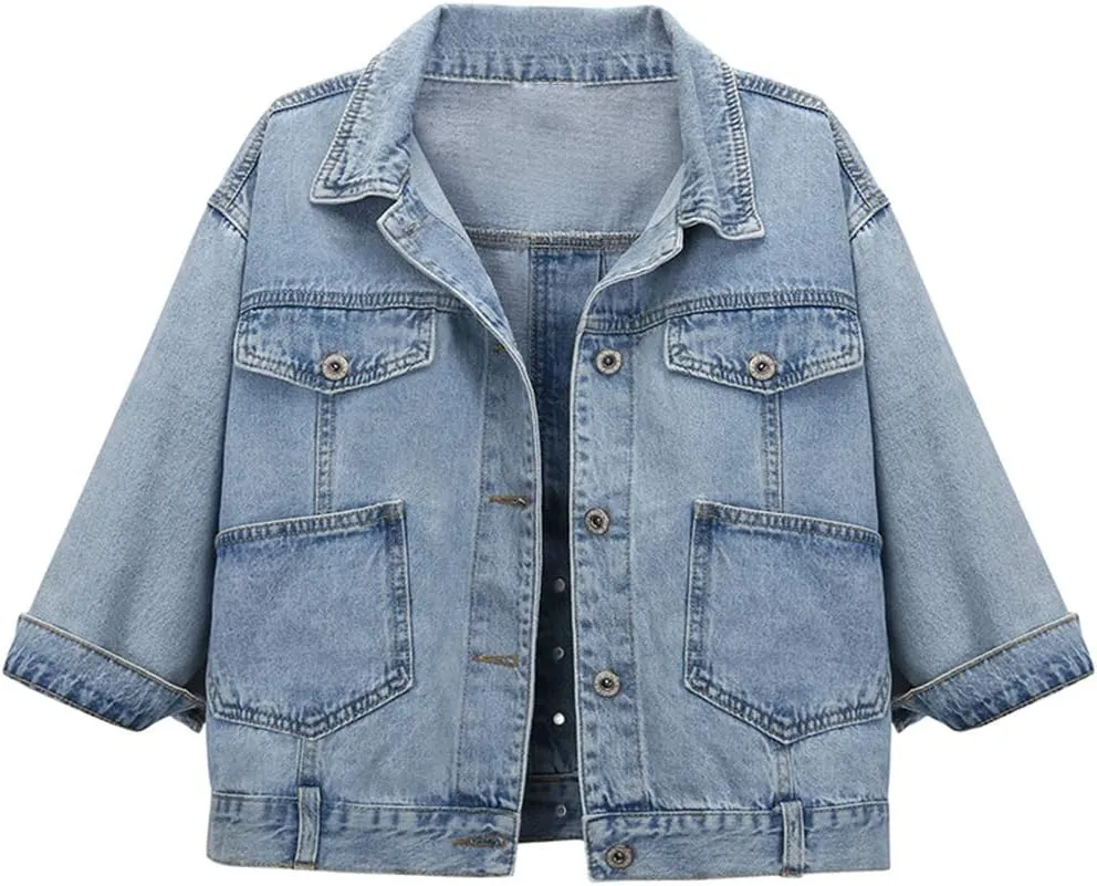 Hixiaohe Women Autumn 3/4 Sleeve Retro Short Denim Jackets Light Blue Jean Coats