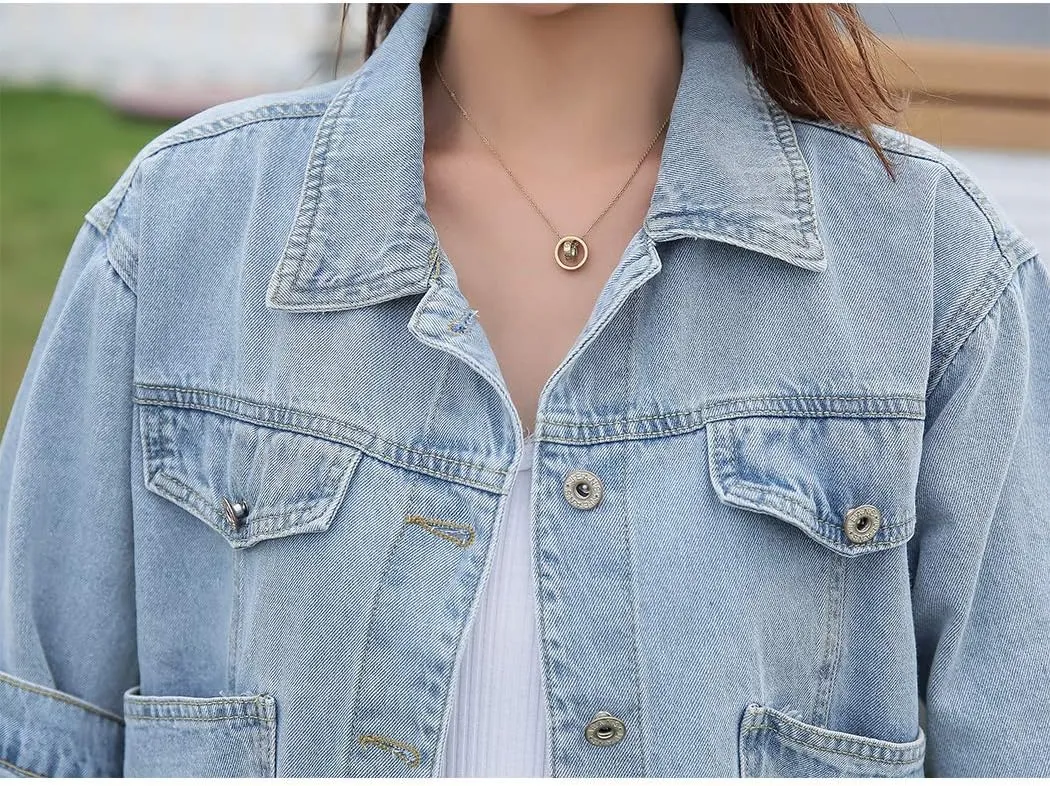 Hixiaohe Women Autumn 3/4 Sleeve Retro Short Denim Jackets Light Blue Jean Coats