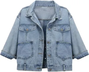 Hixiaohe Women Autumn 3/4 Sleeve Retro Short Denim Jackets Light Blue Jean Coats
