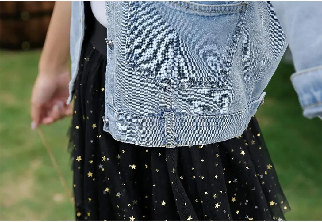 Hixiaohe Women Autumn 3/4 Sleeve Retro Short Denim Jackets Light Blue Jean Coats