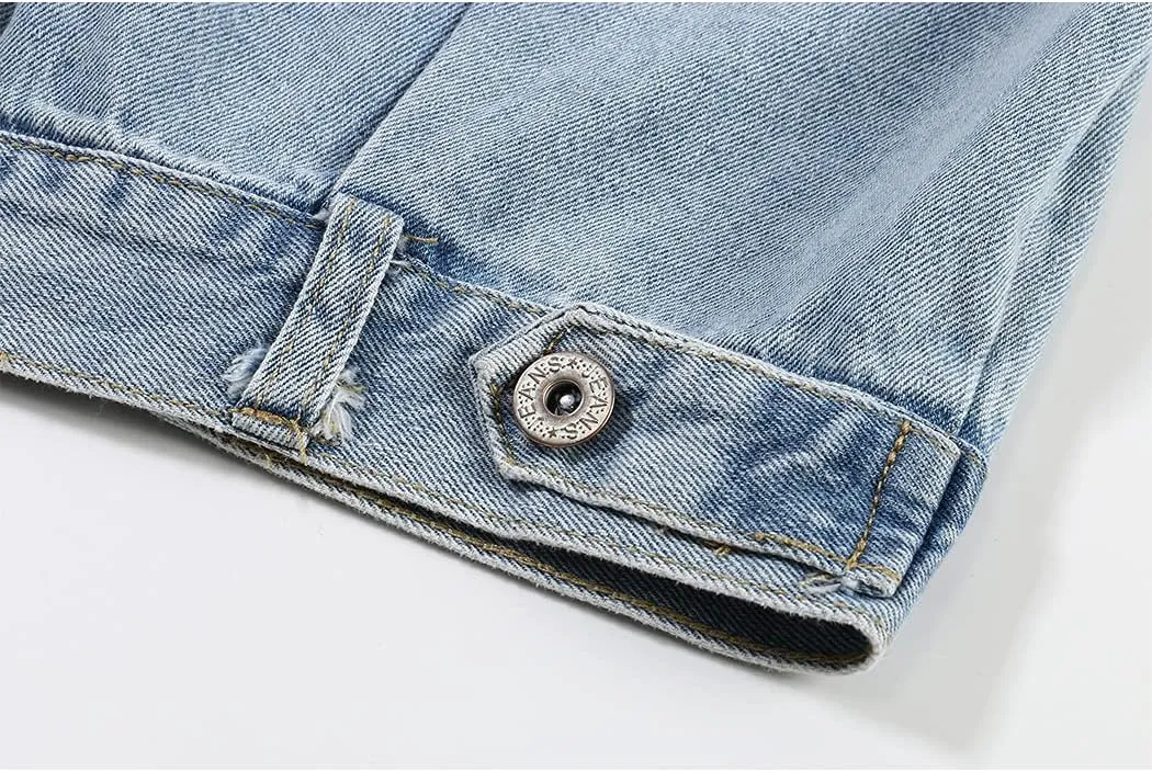 Hixiaohe Women Autumn 3/4 Sleeve Retro Short Denim Jackets Light Blue Jean Coats