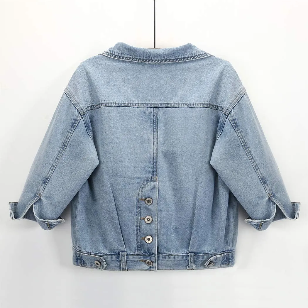 Hixiaohe Women Autumn 3/4 Sleeve Retro Short Denim Jackets Light Blue Jean Coats