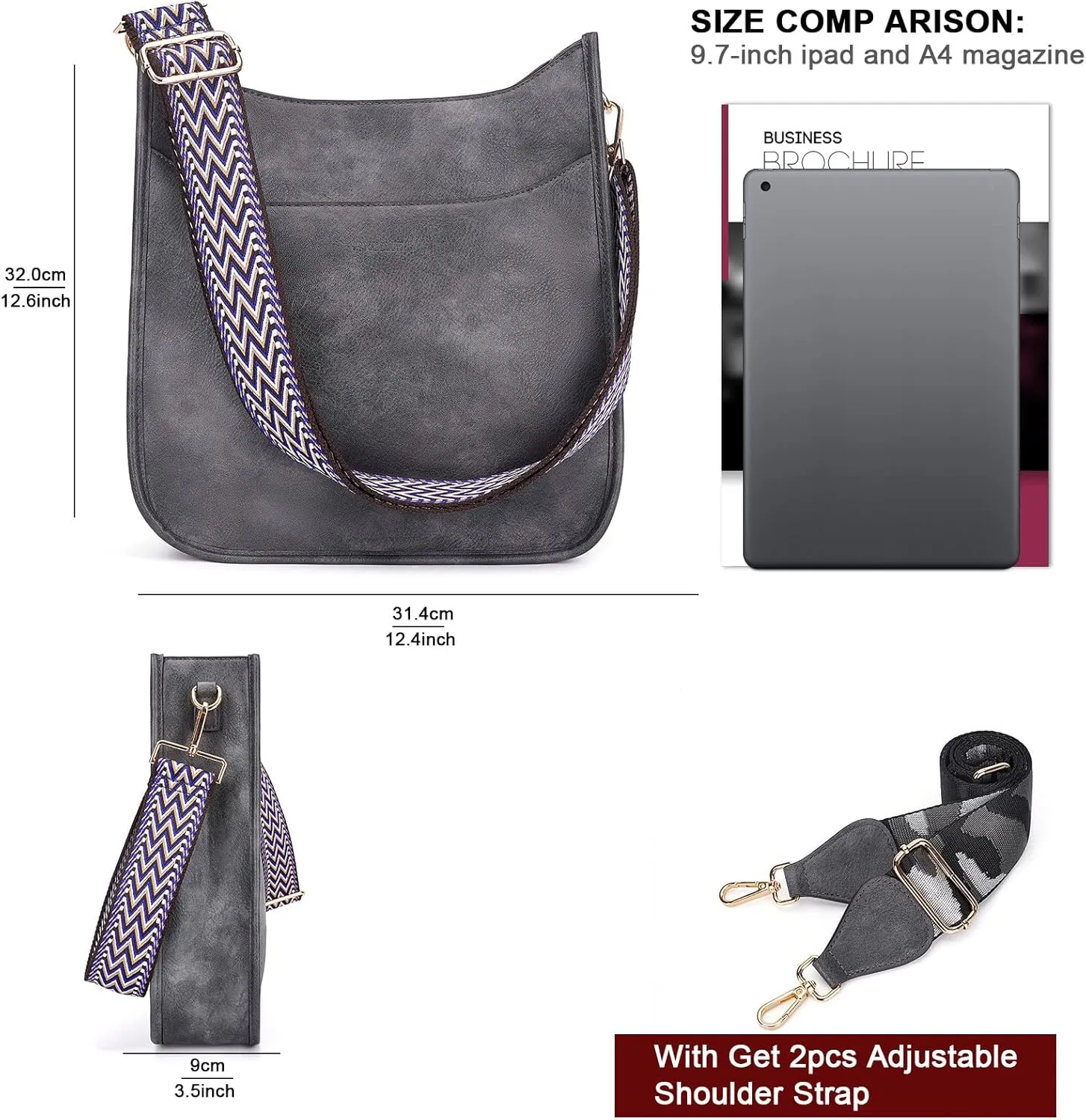 HKCLUF Crossbody Bag for Women Vegan Leather Hobo Handbags Guitar Strap Purse Shoulder Bucket Bag with 2PCS Adjustable Straps