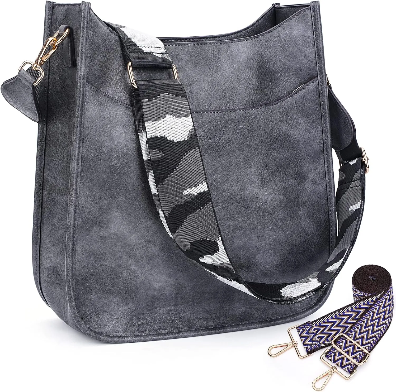 HKCLUF Crossbody Bag for Women Vegan Leather Hobo Handbags Guitar Strap Purse Shoulder Bucket Bag with 2PCS Adjustable Straps