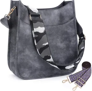 HKCLUF Crossbody Bag for Women Vegan Leather Hobo Handbags Guitar Strap Purse Shoulder Bucket Bag with 2PCS Adjustable Straps