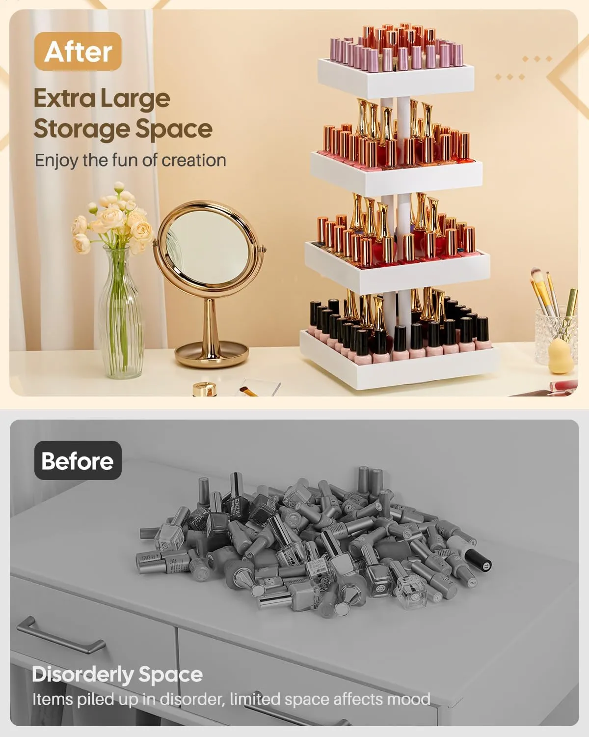 Homde Nail Polish Organizer for 120-212 Bottles, 360 Rotating Nail Polish Rack Holder, Display Storage Shelf for Fingernail Stand and Essential Oil, Gifts for Women Girls- Bamboo,White