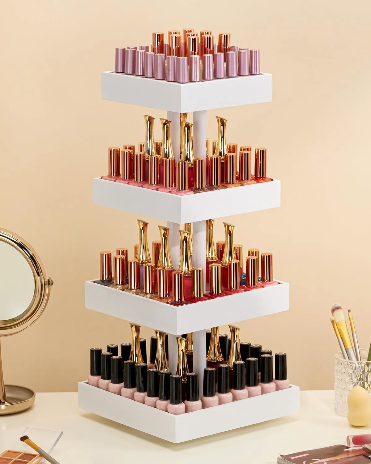 Homde Nail Polish Organizer for 120-212 Bottles, 360 Rotating Nail Polish Rack Holder, Display Storage Shelf for Fingernail Stand and Essential Oil, Gifts for Women Girls- Bamboo,White