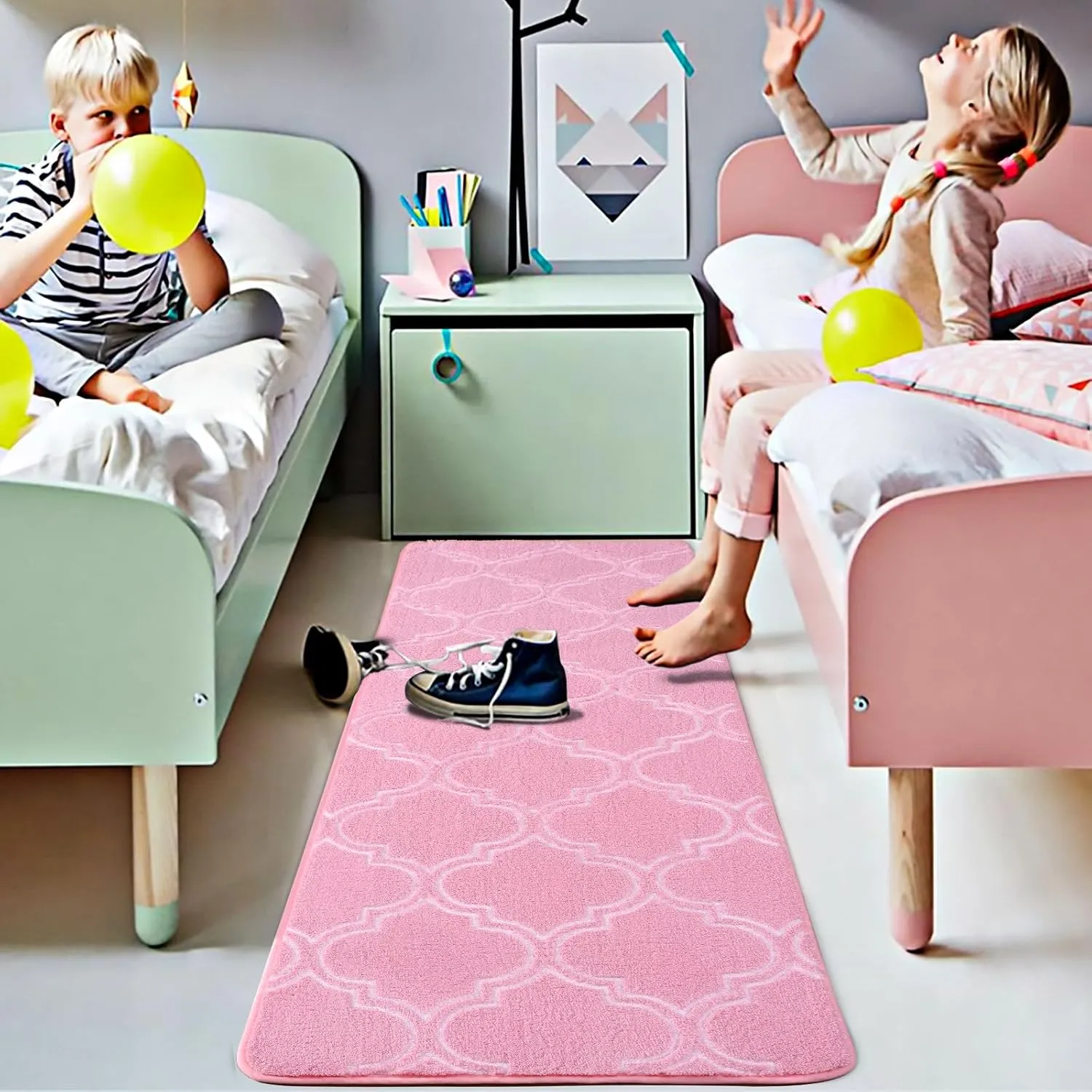 HOMORE 2x6 Runner Rug, Long Shag Area Rug for Bedroom Living Room Couch Hallyway, Super Soft Memory Foam Rugs for Kids Nursery Dorm, Pink/White