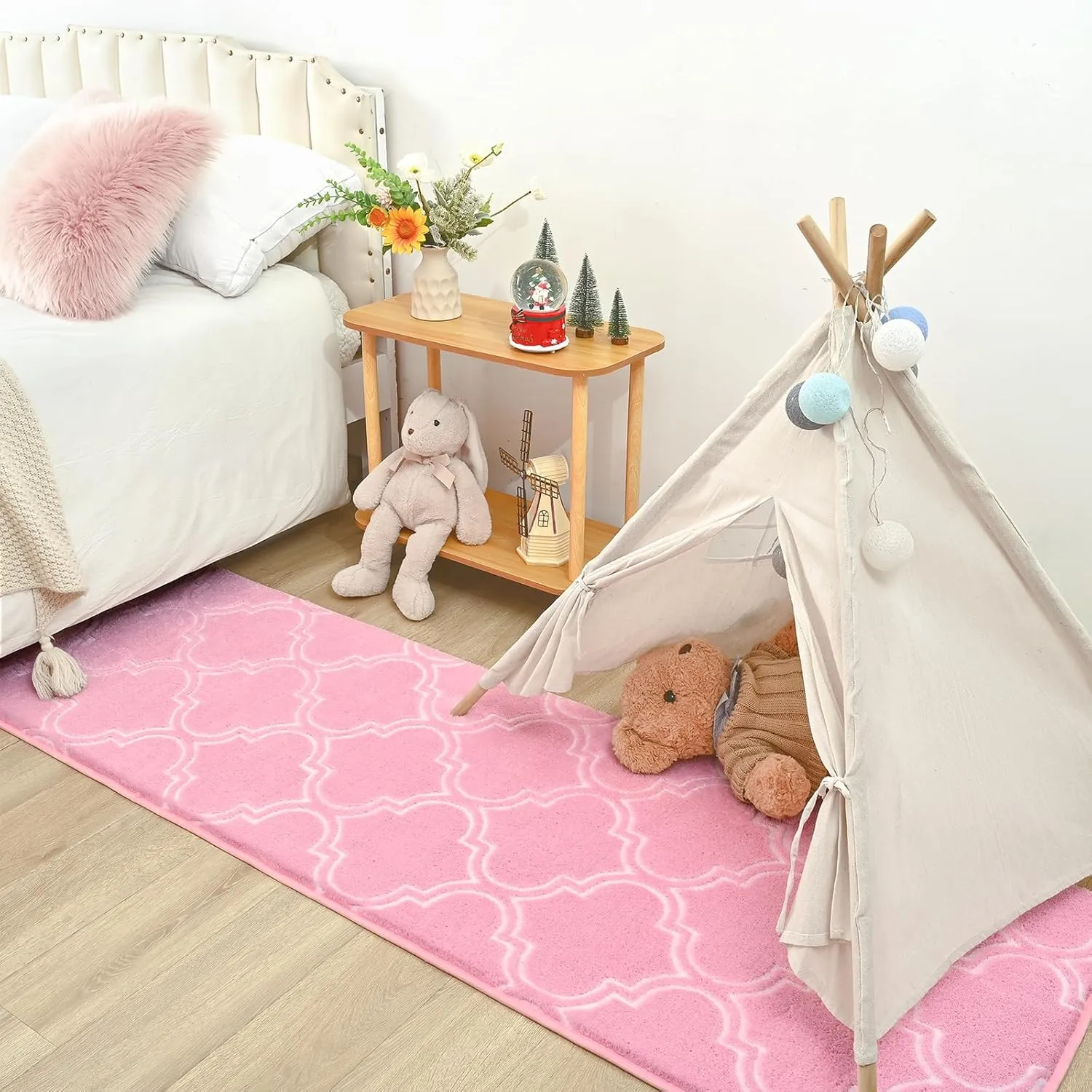 HOMORE 2x6 Runner Rug, Long Shag Area Rug for Bedroom Living Room Couch Hallyway, Super Soft Memory Foam Rugs for Kids Nursery Dorm, Pink/White