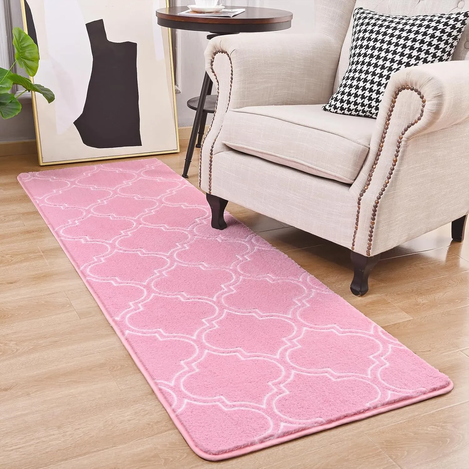 HOMORE 2x6 Runner Rug, Long Shag Area Rug for Bedroom Living Room Couch Hallyway, Super Soft Memory Foam Rugs for Kids Nursery Dorm, Pink/White