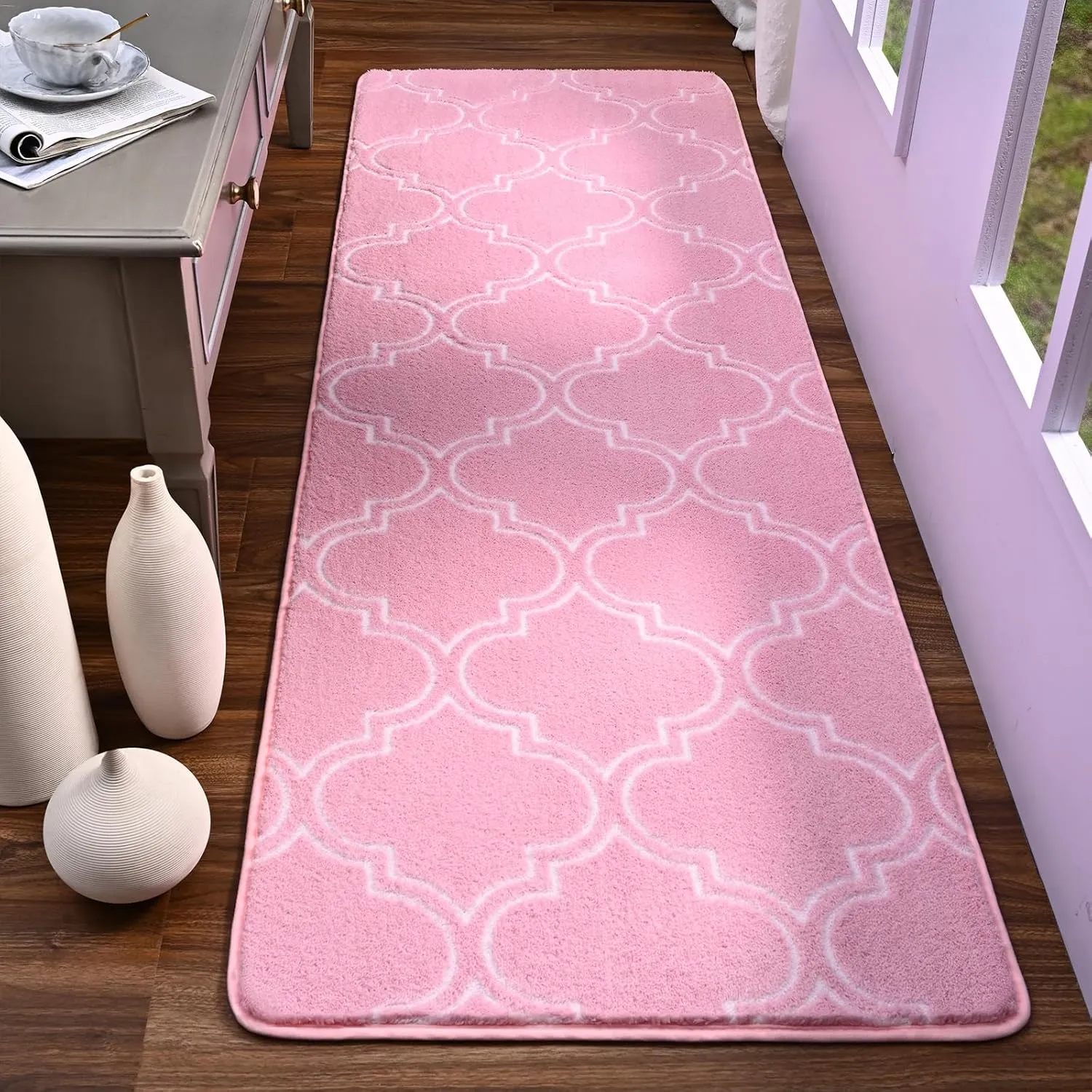 HOMORE 2x6 Runner Rug, Long Shag Area Rug for Bedroom Living Room Couch Hallyway, Super Soft Memory Foam Rugs for Kids Nursery Dorm, Pink/White