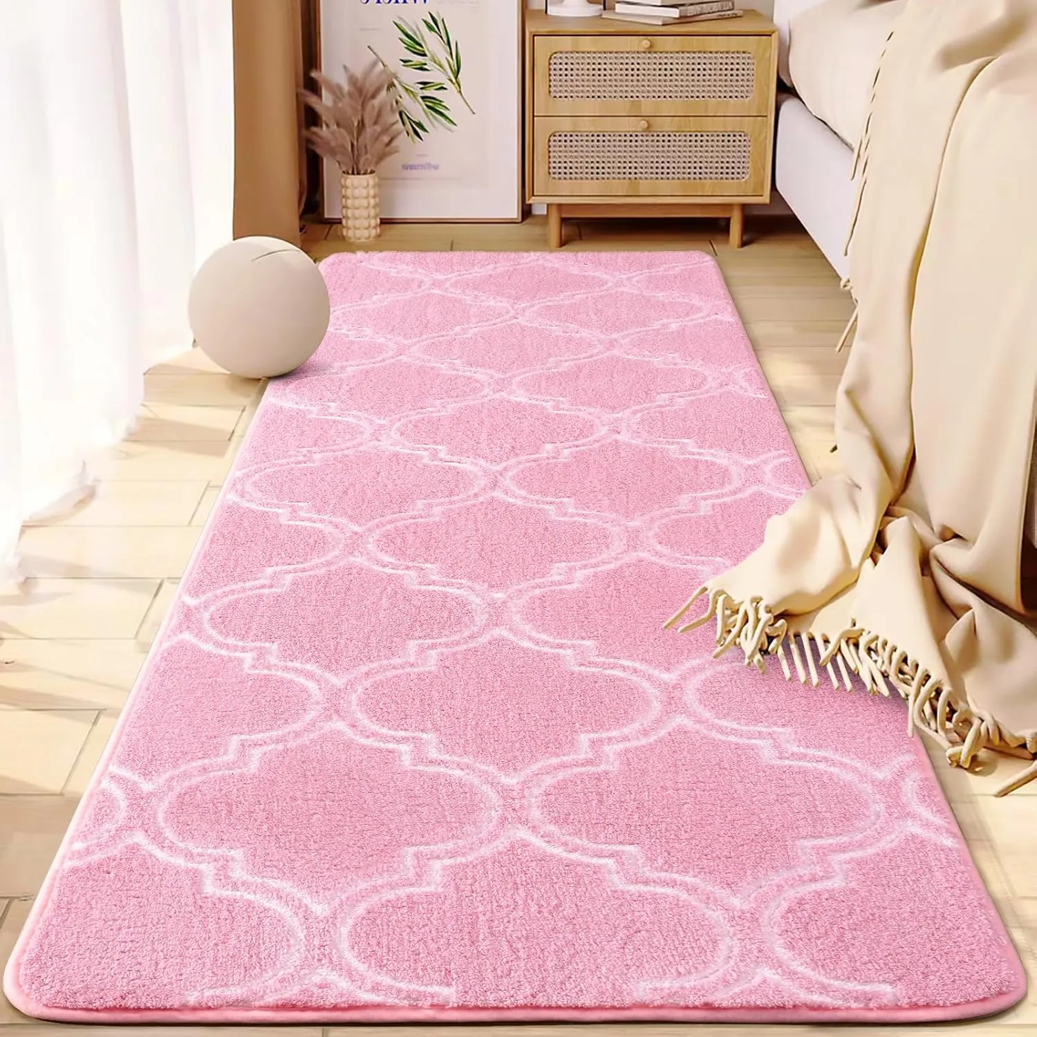HOMORE 2x6 Runner Rug, Long Shag Area Rug for Bedroom Living Room Couch Hallyway, Super Soft Memory Foam Rugs for Kids Nursery Dorm, Pink/White