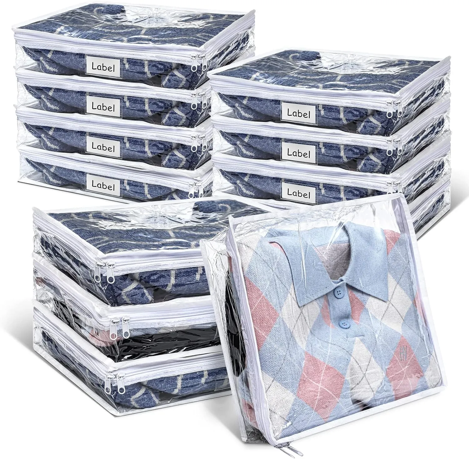 Hoolerry 12 Pcs Clear Zippered Storage Bags Pvc Sweater Sheet Organizer Plastic Sheet Storage Sweater Bags With Zipper And Label Pocket Container For Clothes Closet Linen Pillow (14 x 12 x 3 Inch)