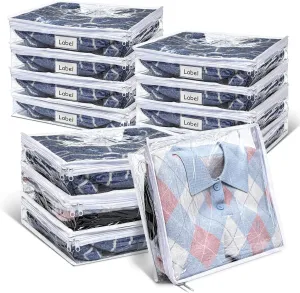Hoolerry 12 Pcs Clear Zippered Storage Bags Pvc Sweater Sheet Organizer Plastic Sheet Storage Sweater Bags With Zipper And Label Pocket Container For Clothes Closet Linen Pillow (14 x 12 x 3 Inch)
