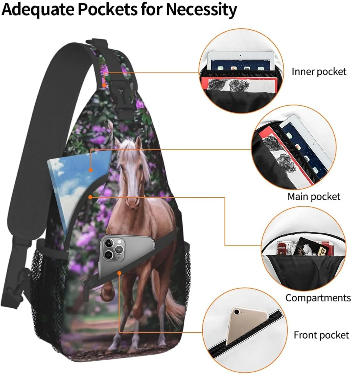 Horse Sling Bag Animal Crossbody Chest Daypack Casual Backpack Horse Shoulder Bag Horse Hiking Bag Cute Bag