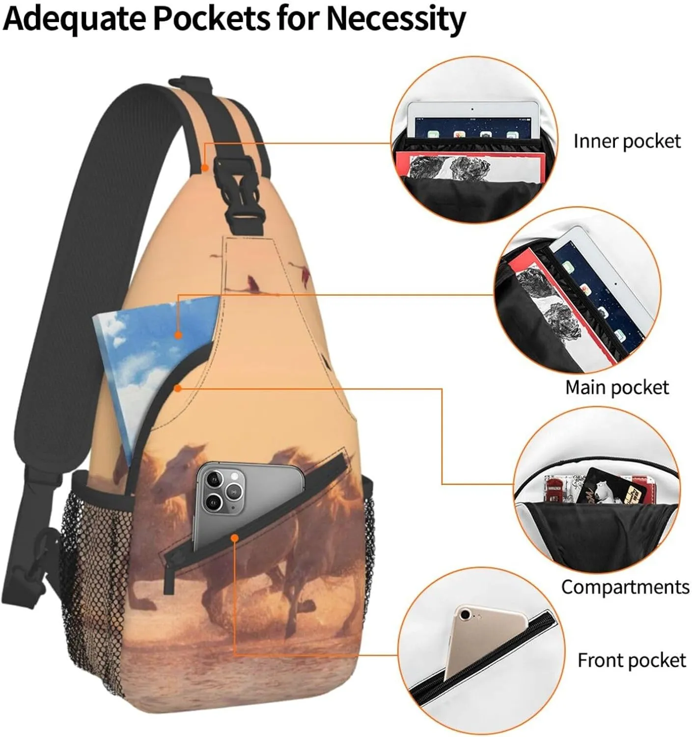 Horse Sling Bag Animal Crossbody Chest Daypack Casual Backpack Horse Shoulder Bag Horse Hiking Bag Cute Bag