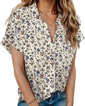HOTOUCH Women Linen Shirts Button Down Cotton Short Sleeve Blouses V Neck Collared Button-up Gauze Tops S-3XL