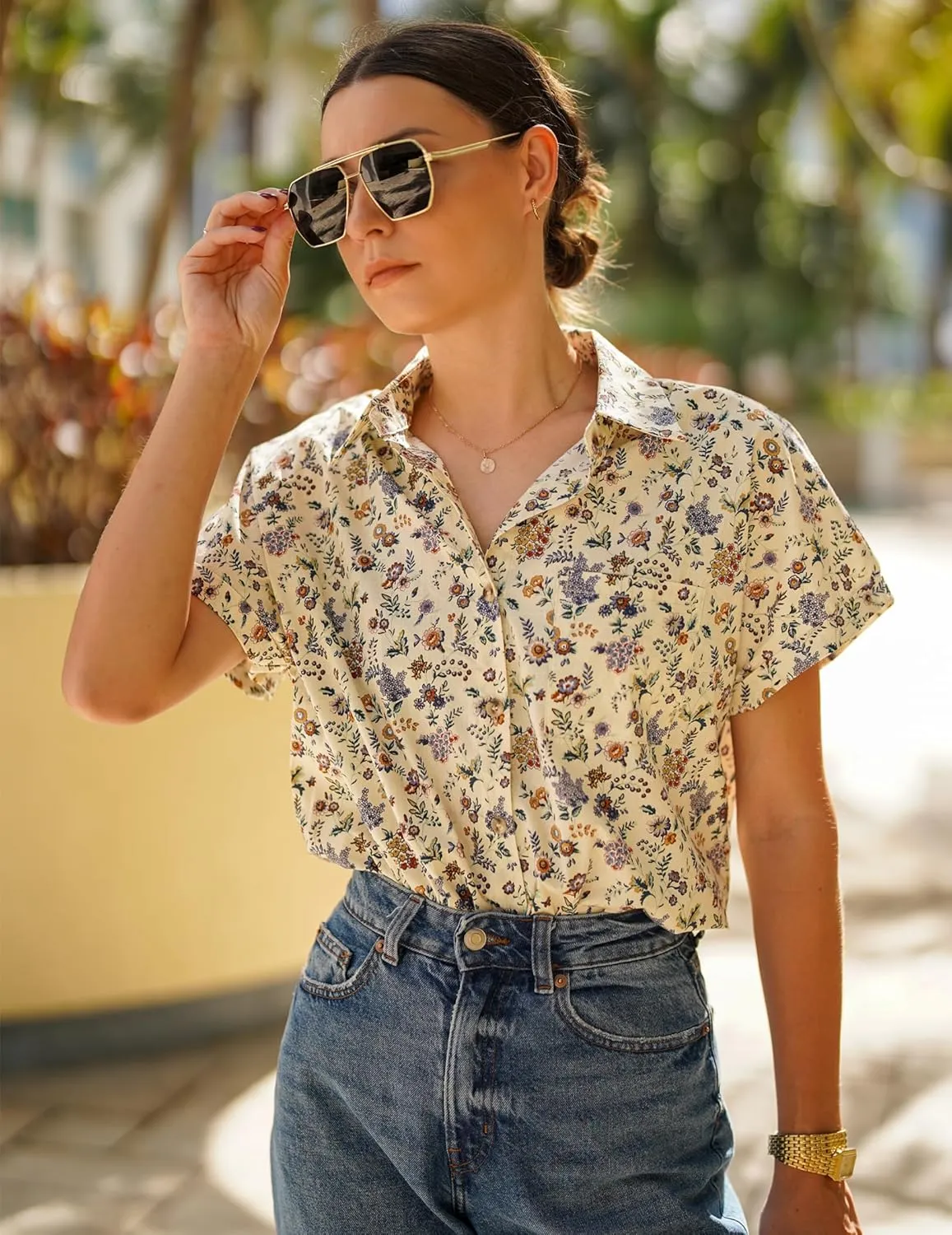 HOTOUCH Women Linen Shirts Button Down Cotton Short Sleeve Blouses V Neck Collared Button-up Gauze Tops S-3XL