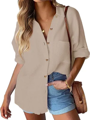 HOTOUCH Womens Linen Button Down Shirt Casual Long Sleeve Cotton Blouse Loose Fit Collared Work Gauze Tops with Pocket