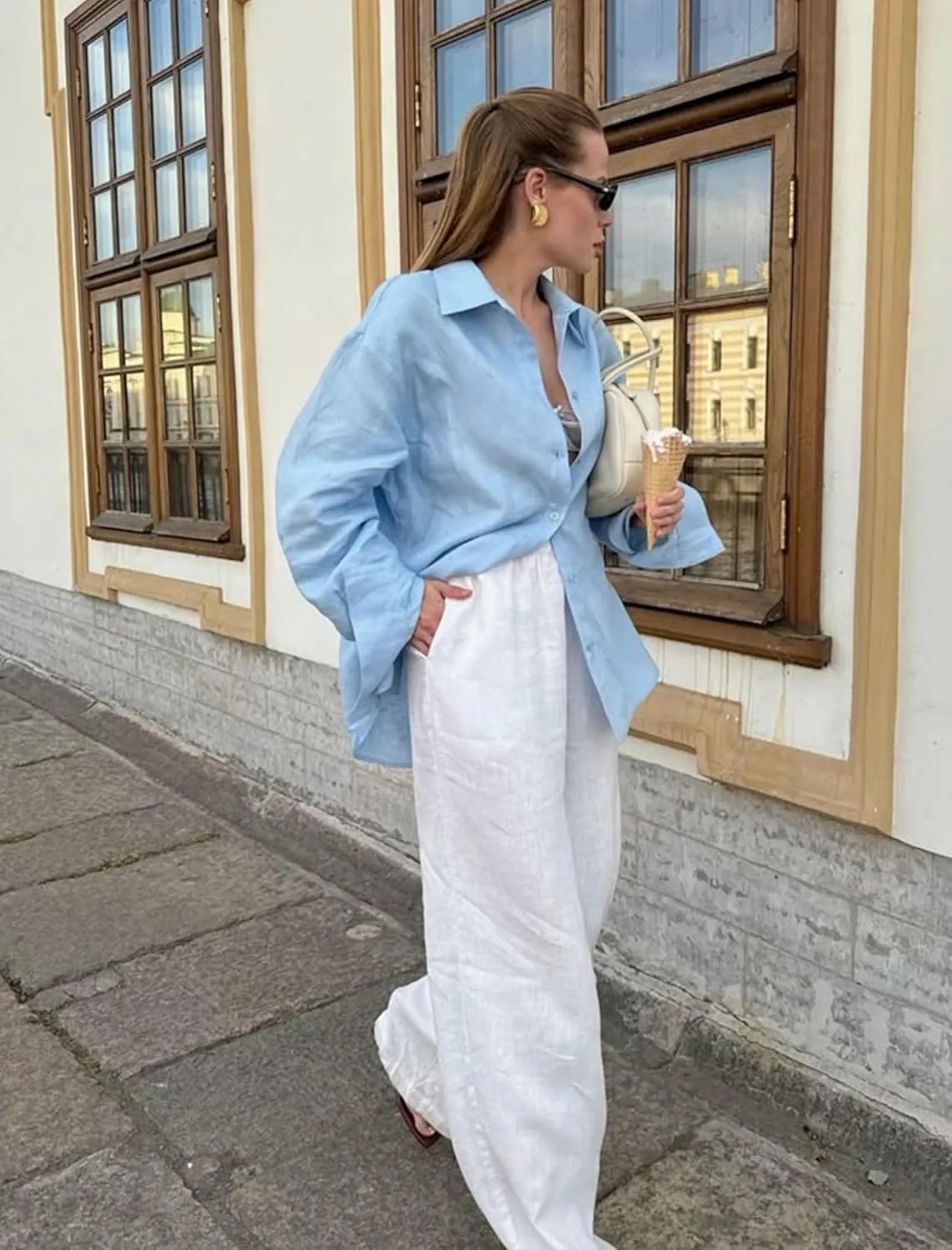 HOTOUCH Womens Linen Button Down Shirt Casual Long Sleeve Cotton Blouse Loose Fit Collared Work Gauze Tops with Pocket