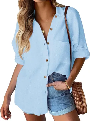HOTOUCH Womens Linen Button Down Shirt Casual Long Sleeve Cotton Blouse Loose Fit Collared Work Gauze Tops with Pocket