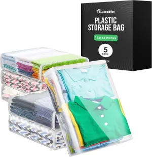 Houseables Plastic Storage Bags, Zipper Case, Clear, 18" x 15", 5 Pack, Vinyl, Moth Proof, for Blanket, Linen, Sweater, Bed Sheet, Quilt, Clothes, Pillow, Comforter, Foldable