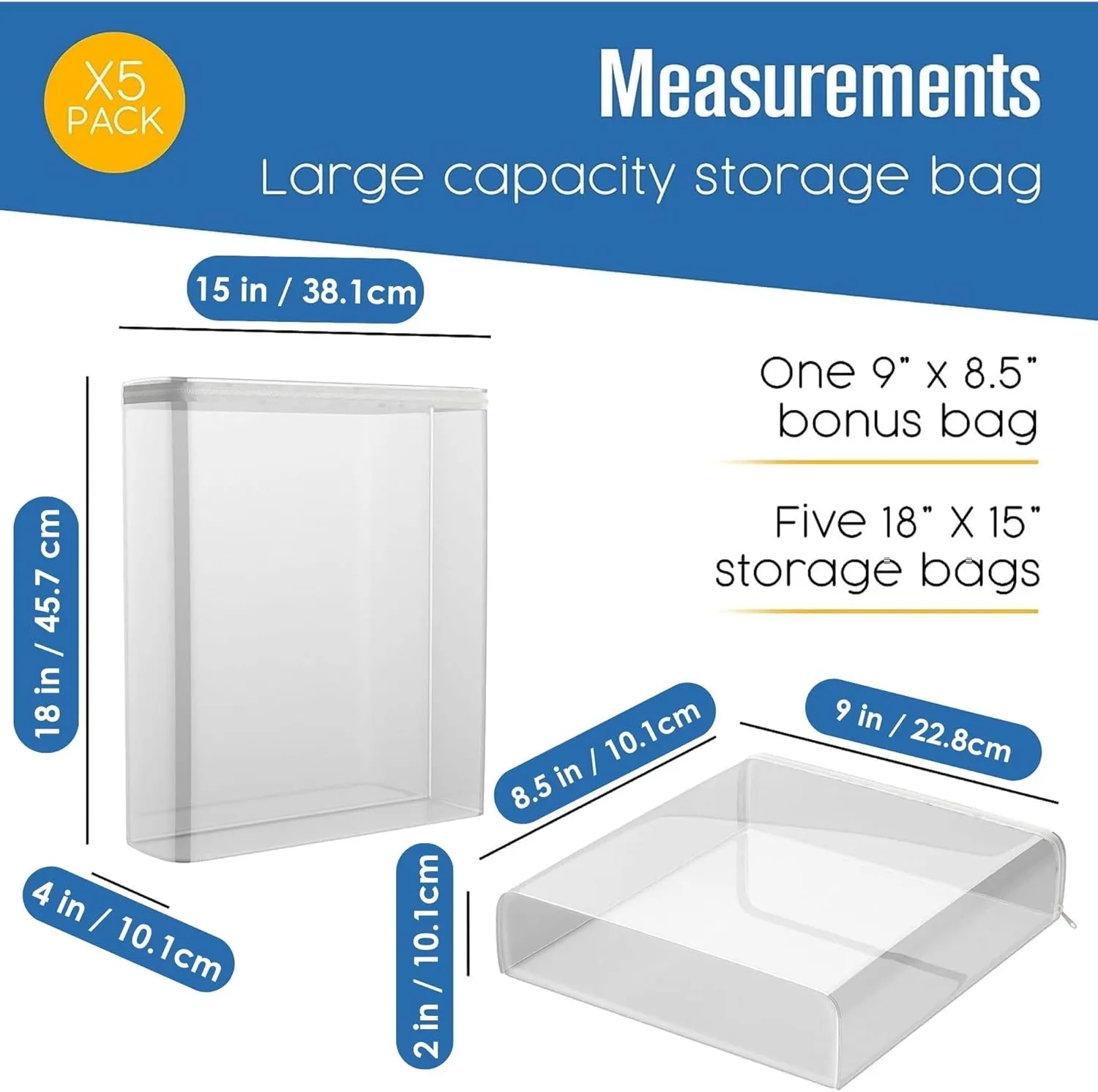 Houseables Plastic Storage Bags, Zipper Case, Clear, 18" x 15", 5 Pack, Vinyl, Moth Proof, for Blanket, Linen, Sweater, Bed Sheet, Quilt, Clothes, Pillow, Comforter, Foldable