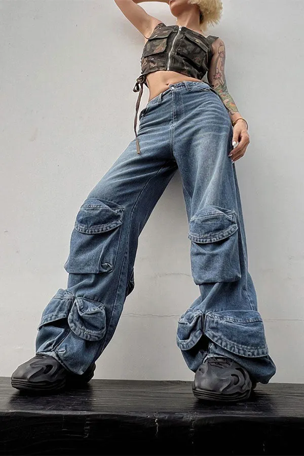 hulianfu Gradient Boyish Multi Pocket Jeans