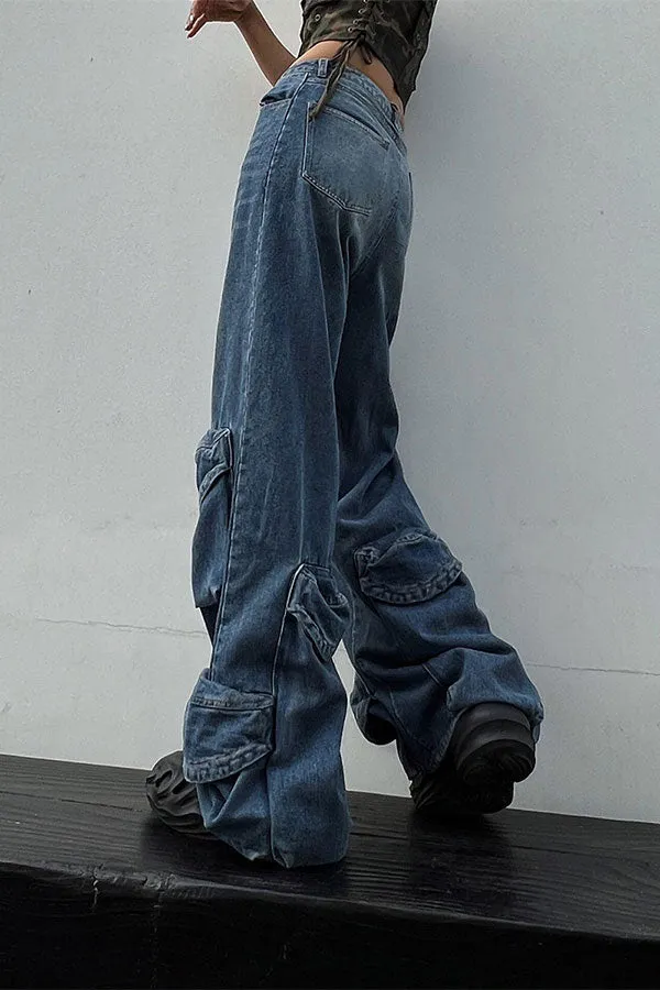 hulianfu Gradient Boyish Multi Pocket Jeans