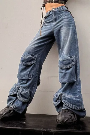 hulianfu Gradient Boyish Multi Pocket Jeans