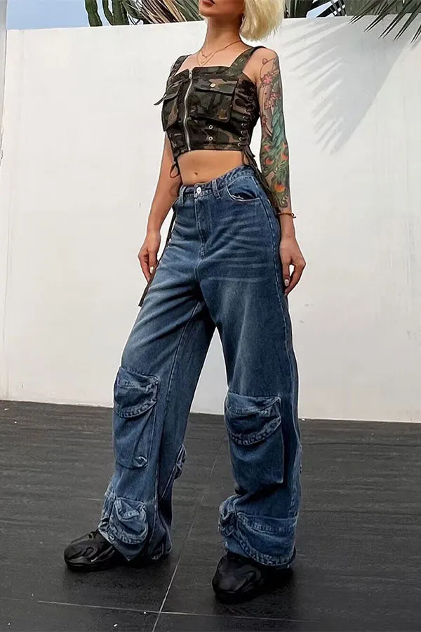 hulianfu Gradient Boyish Multi Pocket Jeans