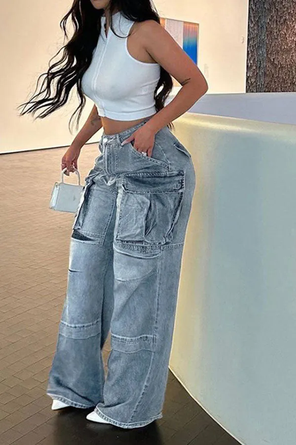hulianfu Gradient Hippy Multi Pocket Jeans