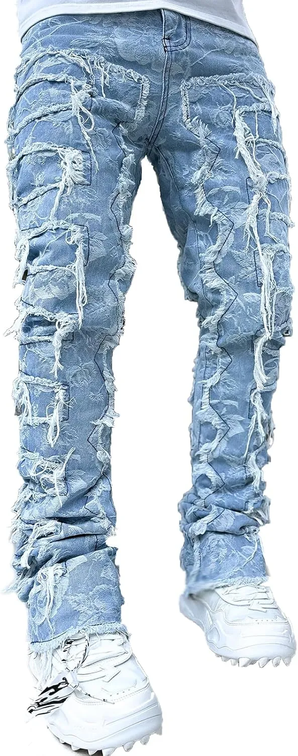 Hulpvktsgiq Men's Regular Fit Stacked Jeans Patch Ripped Skinny Distressed Destroyed Straight Denim Pants Streetwear Clothes
