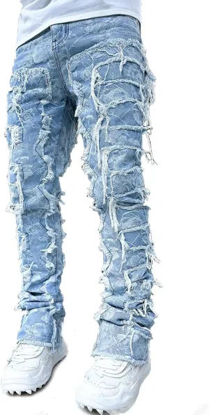 Hulpvktsgiq Men's Regular Fit Stacked Jeans Patch Ripped Skinny Distressed Destroyed Straight Denim Pants Streetwear Clothes