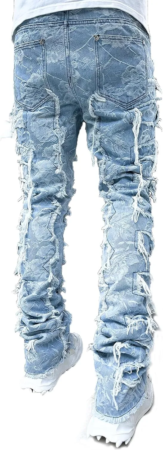 Hulpvktsgiq Men's Regular Fit Stacked Jeans Patch Ripped Skinny Distressed Destroyed Straight Denim Pants Streetwear Clothes