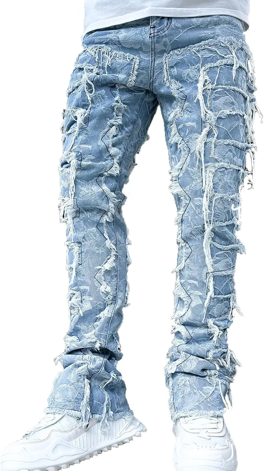 Hulpvktsgiq Men's Regular Fit Stacked Jeans Patch Ripped Skinny Distressed Destroyed Straight Denim Pants Streetwear Clothes