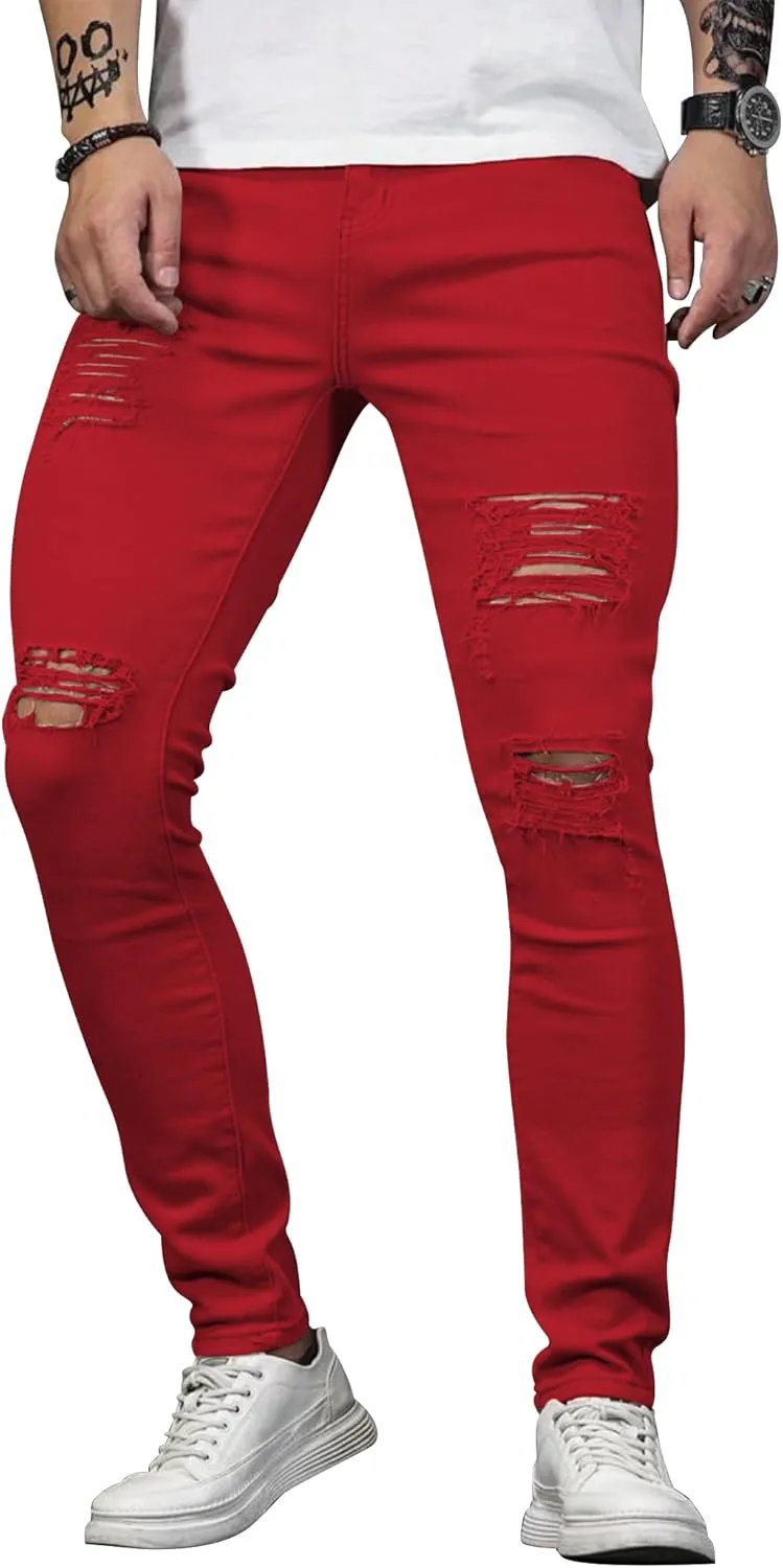 HUNGSON Men's Blue Slim Fit Jeans Stretch Destroyed Ripped Skinny Jeans Side Striped Denim Pants