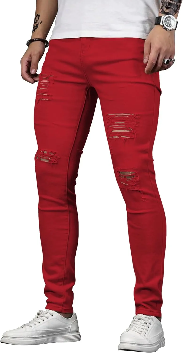 HUNGSON Men's Blue Slim Fit Jeans Stretch Destroyed Ripped Skinny Jeans Side Striped Denim Pants