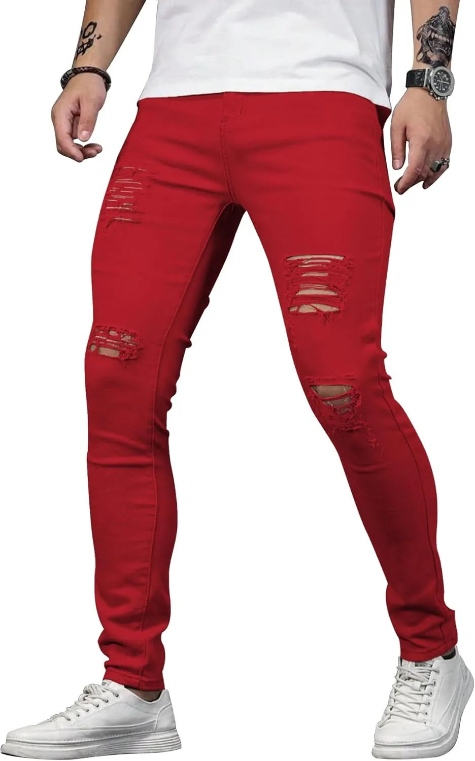 HUNGSON Men's Blue Slim Fit Jeans Stretch Destroyed Ripped Skinny Jeans Side Striped Denim Pants