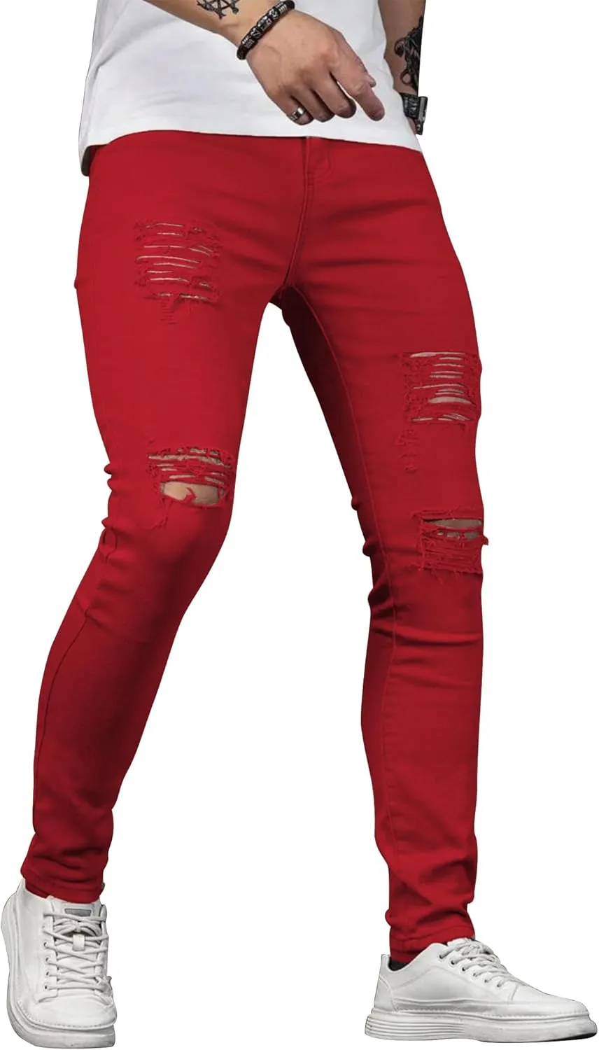 HUNGSON Men's Blue Slim Fit Jeans Stretch Destroyed Ripped Skinny Jeans Side Striped Denim Pants