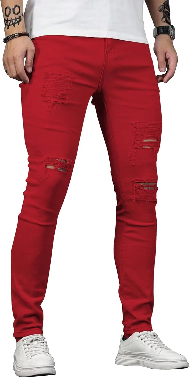 HUNGSON Men's Blue Slim Fit Jeans Stretch Destroyed Ripped Skinny Jeans Side Striped Denim Pants