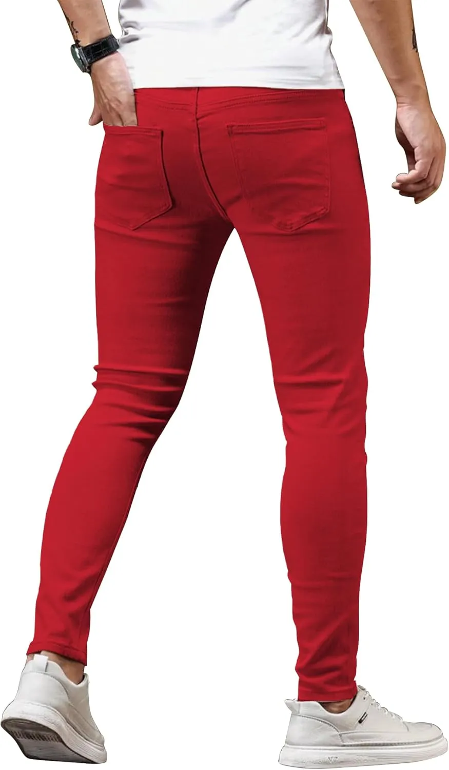HUNGSON Men's Blue Slim Fit Jeans Stretch Destroyed Ripped Skinny Jeans Side Striped Denim Pants