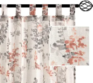 H.VERSAILTEX Linen Sheer Curtains for Living Room Sheer Panels 63 Inches Long Light Filtering Tab Top Window Treatment Drapes for Bedroom, 2 Panels, Vintage Classical Floral Print Coral and Taupe