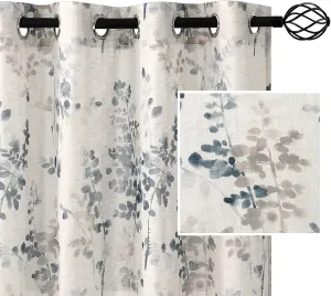 H.VERSAILTEX Sheer Linen Curtains 84 Inch Long Semi Sheer Curtains Draperies for Living Room/Bedroom Vintage Classical Floral Printing Window Treatment Grommet 2 Panels, Bluestone and Taupe