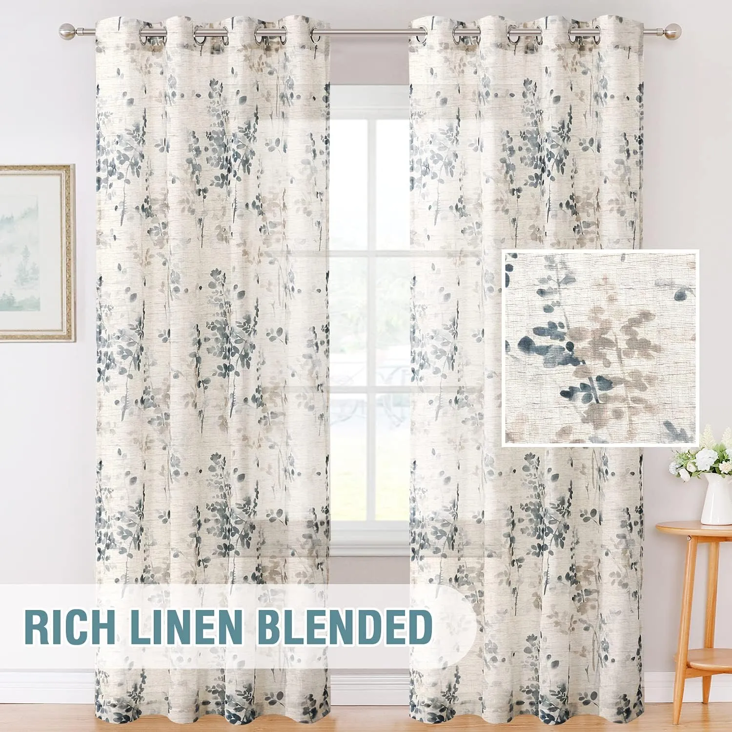 H.VERSAILTEX Sheer Linen Curtains 84 Inch Long Semi Sheer Curtains Draperies for Living Room/Bedroom Vintage Classical Floral Printing Window Treatment Grommet 2 Panels, Bluestone and Taupe