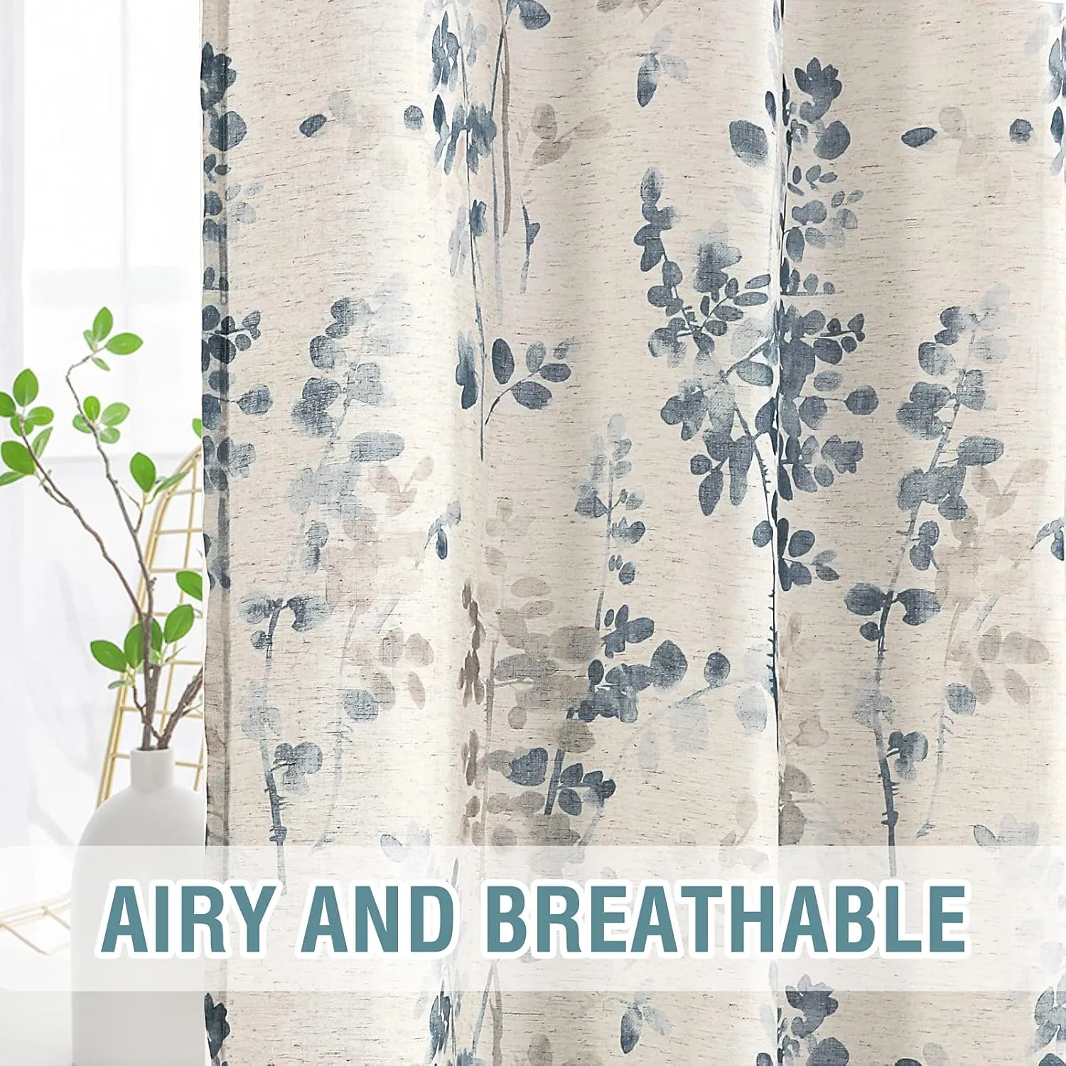 H.VERSAILTEX Sheer Linen Curtains 84 Inch Long Semi Sheer Curtains Draperies for Living Room/Bedroom Vintage Classical Floral Printing Window Treatment Grommet 2 Panels, Bluestone and Taupe