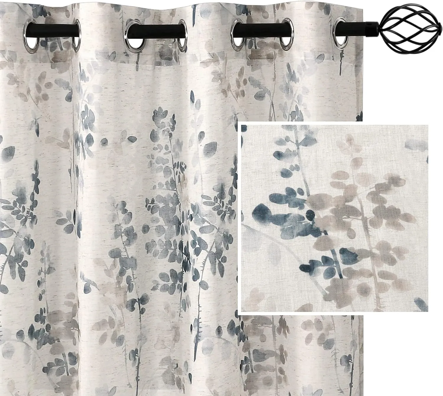 H.VERSAILTEX Sheer Linen Curtains 84 Inch Long Semi Sheer Curtains Draperies for Living Room/Bedroom Vintage Classical Floral Printing Window Treatment Grommet 2 Panels, Bluestone and Taupe