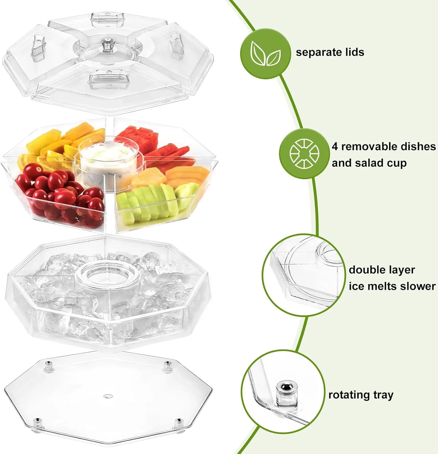 Ice Serving Lazy Susan, Chilled Food Containers with 4 Removable Dishes and Smooth Rotating Tray, Condiment Server with Separate Lids, for Bar Accessories, Fruit, Salad, Taco, Party Garnish