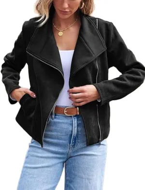 IDEALSANXUN Cropped Suede Jacket Women Fall Winter Casual Coats Zip Up Faux Leather Bomber Moto Jackets