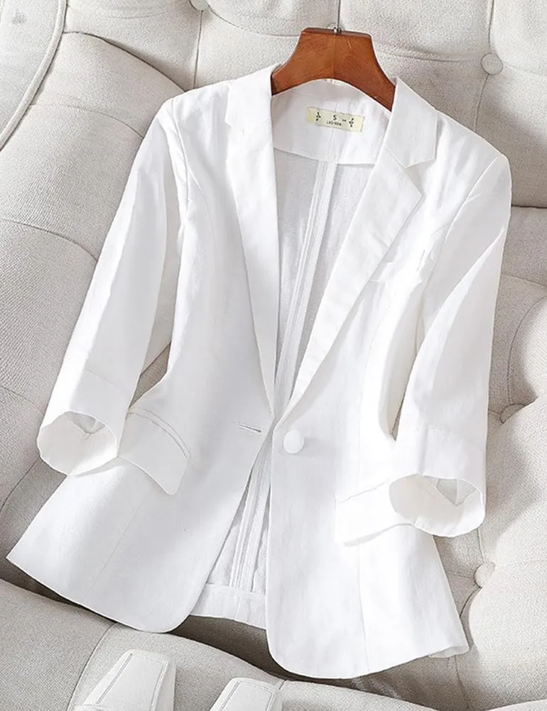 IDEALSANXUN Womens Cropped Linen Blazer Casual 3/4 Sleeve Lightweight Spring Summer Jackets Tops